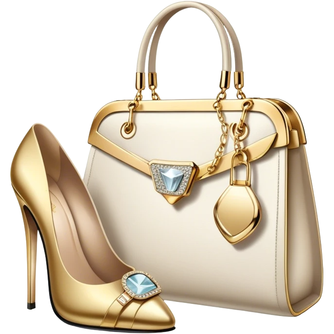 A photorealistic icon featuring luxurious fashion accessories like a high-end handbag, elegant high heels, a sparkling diamond necklace and a stylish pair of sunglasses. The design includes gold accents, purfume, and glamorous textures, fashion, and VIP luxury. Transparent background emoji