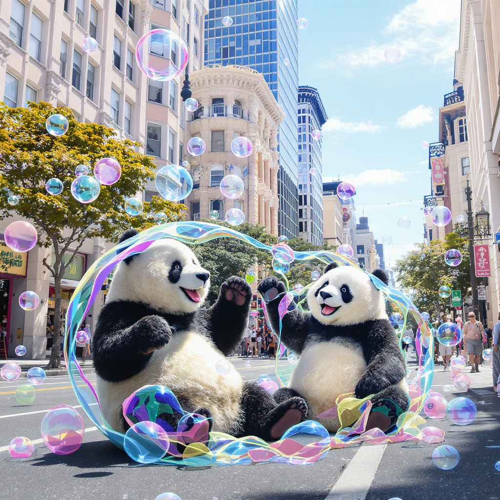 pandas bears sitting in bubbles flying around San Francisco downtown, sunny summer day, happy vibe emoji