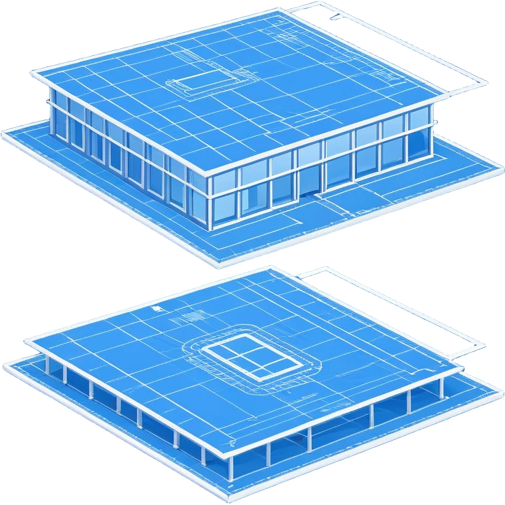 blue blueprint plan with white lines, perspective view showing both side and top emoji