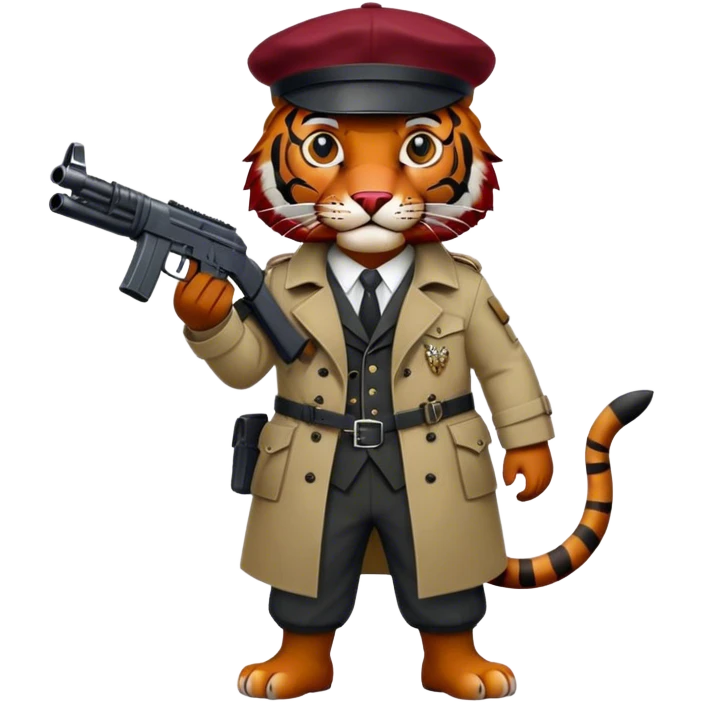 Black and dark red tiger wearing trench suit with Scottish cap and holding a SMG emoji