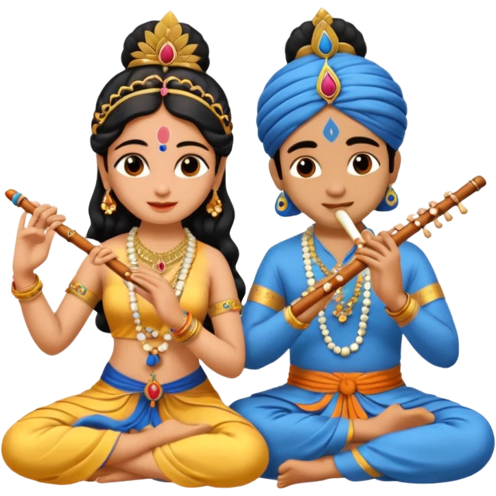 Radha and Krishna emoji, sitting together, Krishna playing flute, Radha listening, traditional Indian clothing emoji
