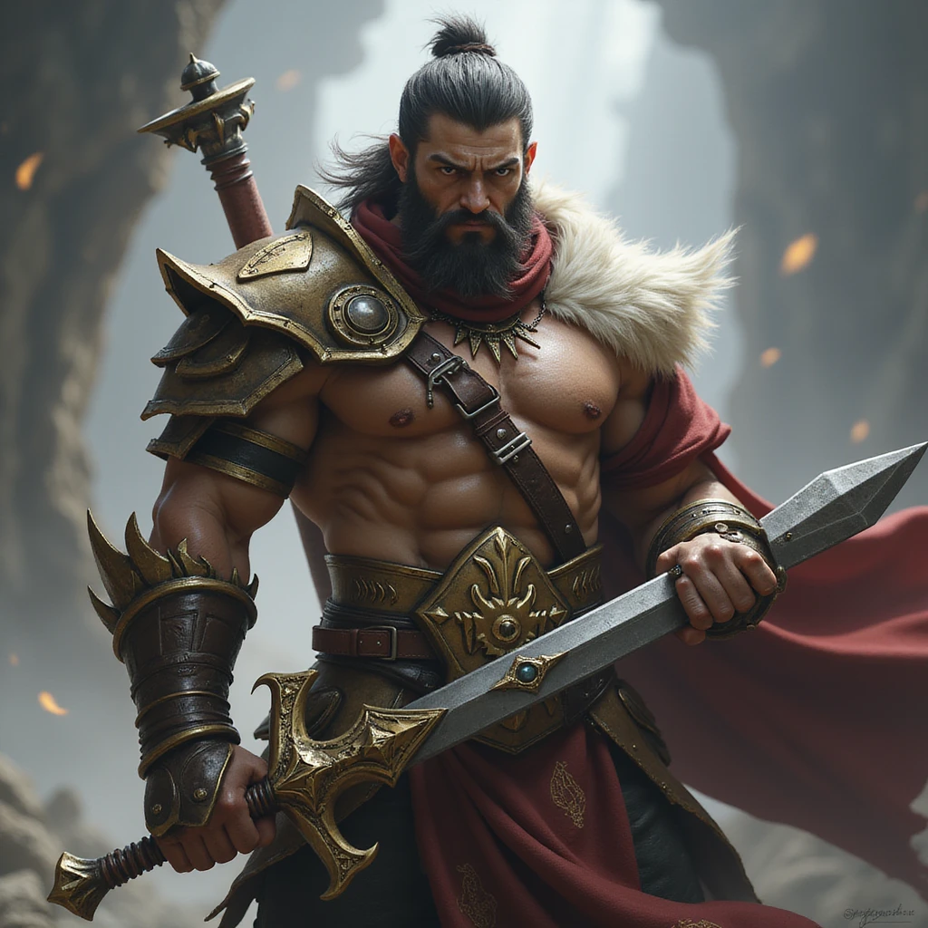 realistic fantasy style fierce League of Legends warrior with a weapon emoji