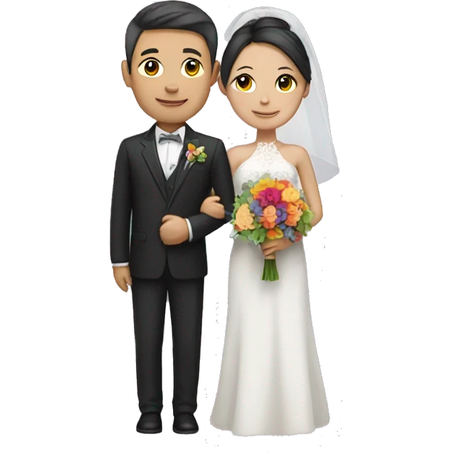 A loving white skin asian wedding couple with a multicolored bouquet  emoji