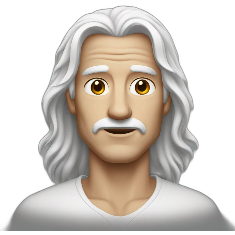 A tall man with long white hair, broad shoulders, dressed in white, has a scar on his right eye, right eye is completely white, left eye is dark brown. emoji