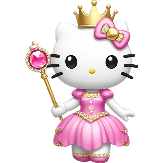 Hello Kitty wearing a pink princess dress with a gold magic wand in her hand and a gold tiara on her head with pink stones emoji