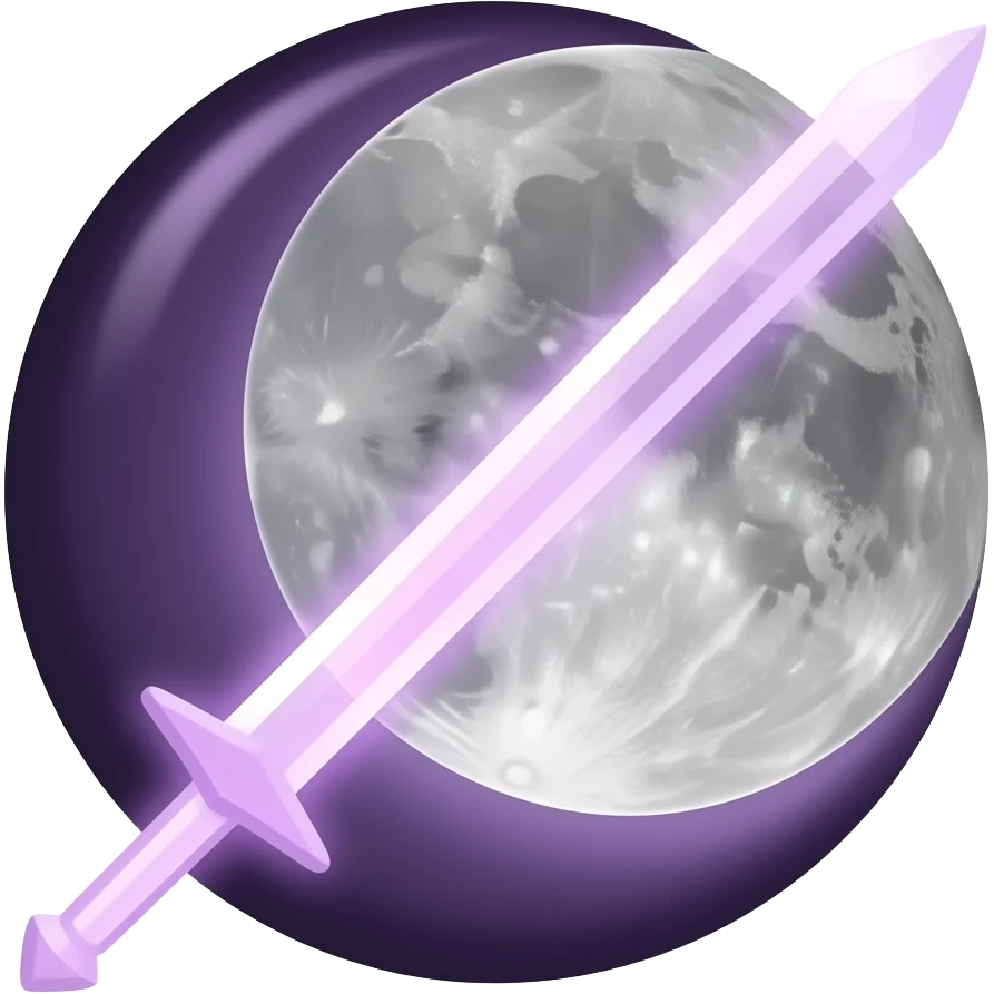 Glowing dark purple detailed crescent moon with an elegant detailed glowing transparent sword, emoji style. Soft violet and pink glow, minimal clean design, smooth edges, subtle lighting, centered, high contrast, transparent background. emoji