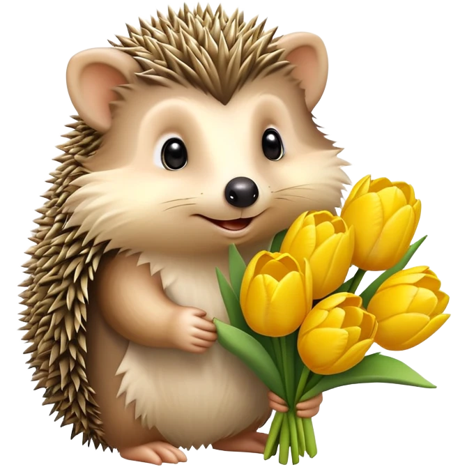 cute hedgehog holding a bouquet of yellow tulips emoji