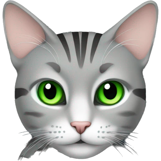 A striped grey cat with green eyes is lying on the keyboard of the computer emoji