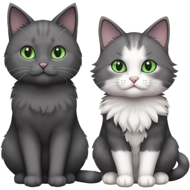 one dark grey and white cat and one completely solid dark grey cat with green eyes and only white paws emoji