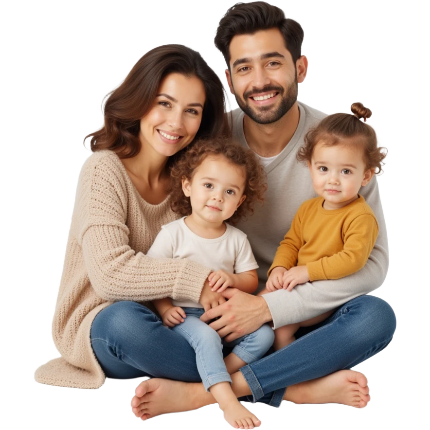 family photo with parents and three children posing closely, detailed lifelike features, soft neutral background, skeuomorphism style emoji