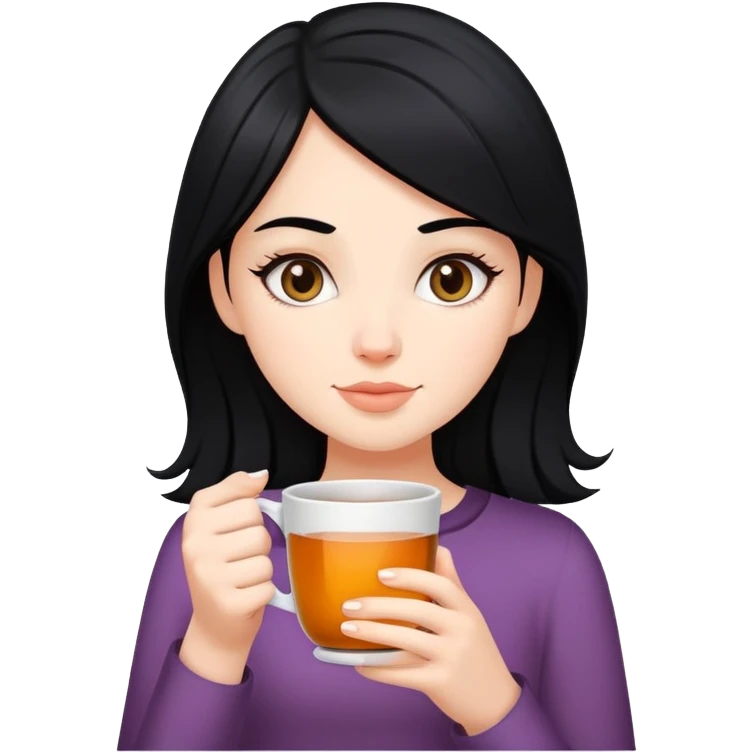 White girl with black hair holding tea emoji