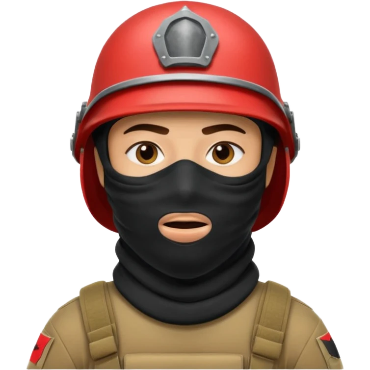 
an Iraqi soldier with a serious face, wearing a helmet and a balaclava covering his mouth emoji
