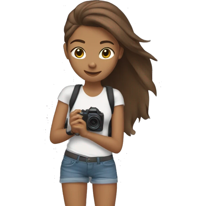 MAKE A GIRL WITH LONG BROWN HAIR AND A SLIGHTLY TANNED SKIN TONE WEARING A FAKE BAND T-SHIRT RECORDING WITH A GO PRO (FULL BODY) emoji