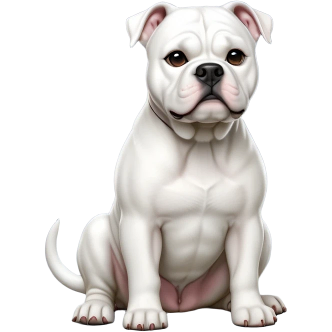 cinematic-[solid white american bulldog]-realistic-full-body-sitting-emoji,-tail-resting-loosely-beside-its-paws,-head-tilted-dramatically,-sleek-[solid white]-fur,-simplified-yet-realistic-focused-features,-highly-detailed,-glowing-with-an-almost-sarcastic-glow emoji