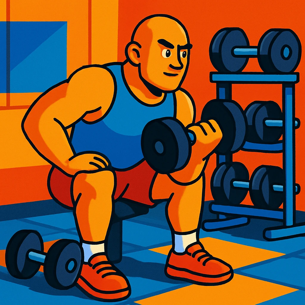 bald man lifting weights in gym setting, vibrant cartoon style emoji