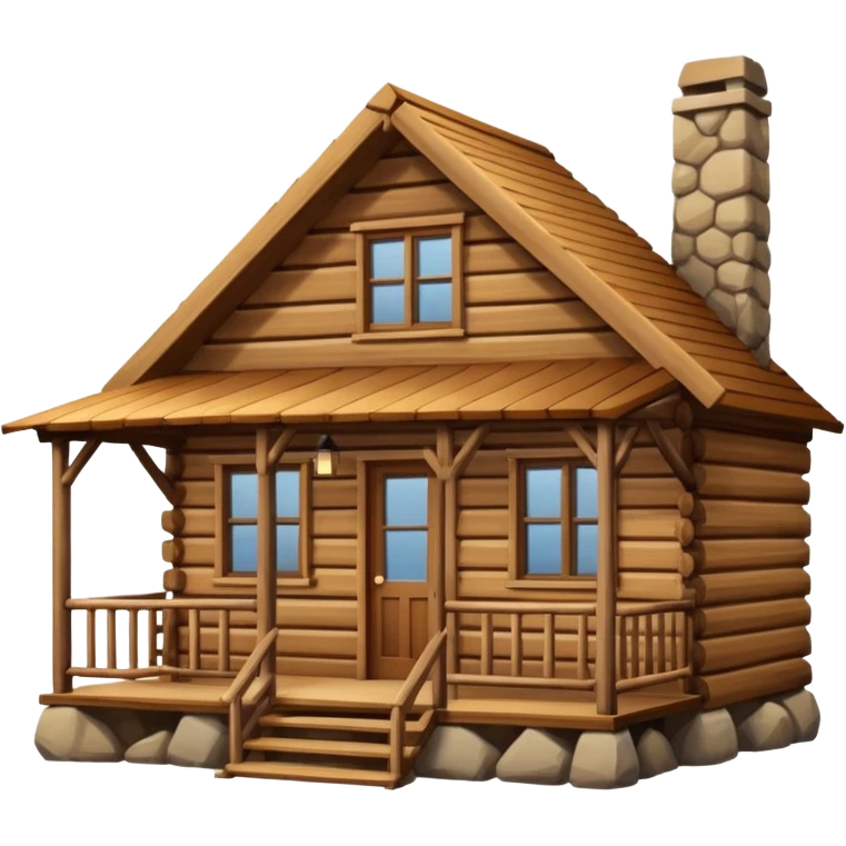 A rustic wooden cabin with horizontal log-style siding and a small front porch enclosed by crossed wooden railings. The cabin has a simple rectangular shape, a sloped roof, and warm brown wood tones throughout. emoji