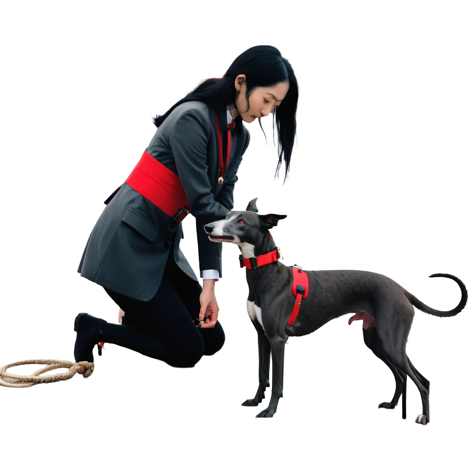 A very beautiful and attractive 25-year-old Japanese woman with long flowing black hair gently petting a SOLID DARK GREY whippet wearing a bright RED COLLAR on a beach at night under a starry sky. The woman's hand is lovingly stroking the whippet. The whippet MUST be COMPLETELY SOLID DARK GREY with ABSOLUTELY NO WHITE MARKINGS ANYWHERE - no white chest, no white face, no white paws, no white tip on tail - ENTIRELY ONE SOLID DARK GREY COLOR throughout the entire dog, but with a distinct red collar. Deep blue night sky filled with bright stars, moonlight reflecting on the ocean, sandy beach in the foreground. emoji