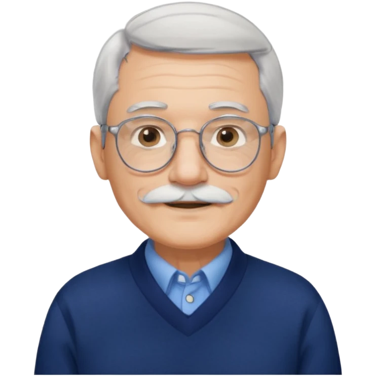 Style anchor + Senior male American, light skin, gray hair, silver round glasses, neat white mustache, navy sweater over blue collared shirt, calm. emoji