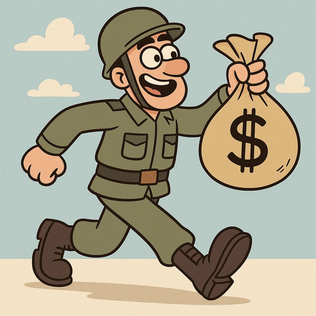 playful cartoon soldier walking with a money bag emoji
