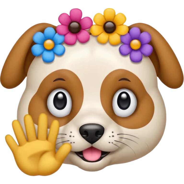 Un emoji con expresión tierna y tímida, ojos grandes y brillantes como de cachorro, con las mejillas apoyadas en las manos, y flores pequeñas de colores (rosas, azules y lilas) decorando la cabeza y los brazos. emoji