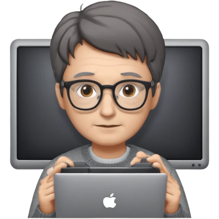 Profesor de pelo gris marrón oscuro con gafas un  jersey gris y un ordenador los óleos son marrones con poca cantidad de pelo emoji