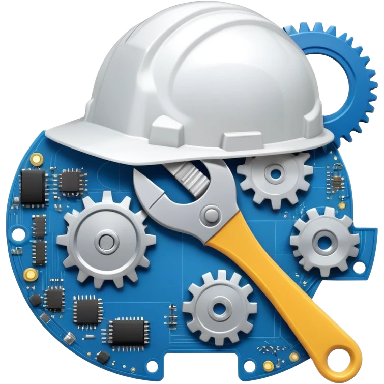 An icon featuring a gear, a wrench, and a blueprint, symbolizing engineering. The design includes a hard hat, a circuit board, and a ruler, representing problem-solving, design, and technological innovation across various engineering fields. Transparent background emoji