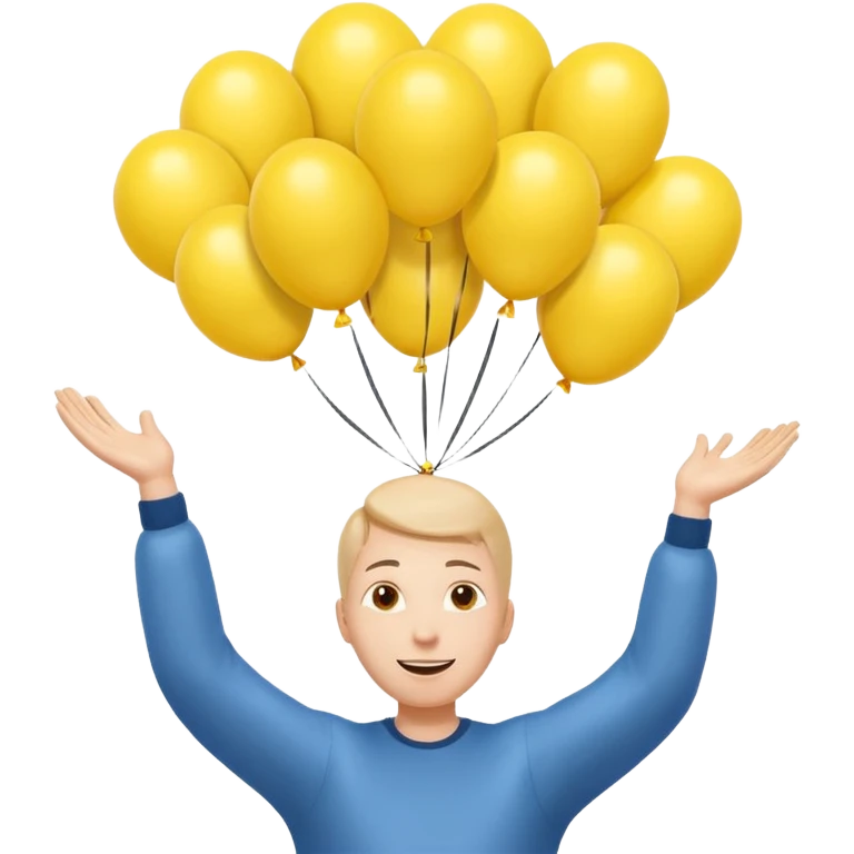 человек зацепился о шарики желтого цвета и летит вверх, видно только голову и шарики и руки emoji