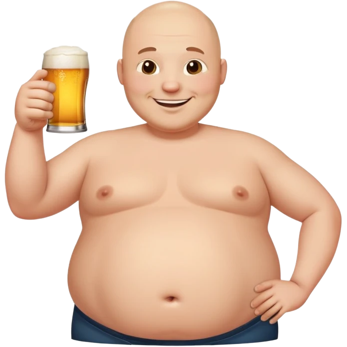 make an emoji of a fat bald man with a big belly, holding his belly with one hand, holding a glass of beer with the other hand, his t-shirt is bare in the belly area. emoji