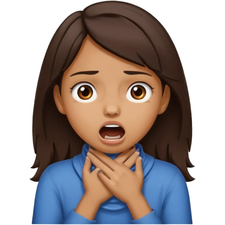 girl with tan skin and dark brown hair with two hands on her neck (overlapping) choking with mouth open and eyes crazy emoji