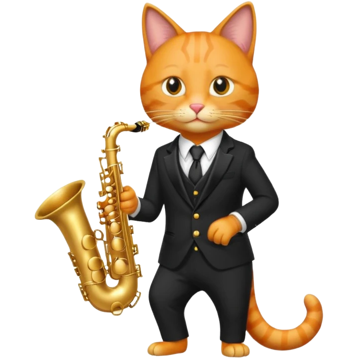 orange cat play gold saxophone, wear black suit, portrait emoji
