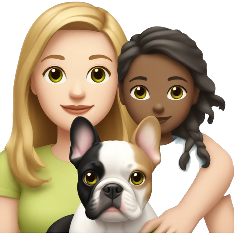 white human Mom with light brown hair and green eyes, white human daughter with light brown hair and blue eyes, and one white French bulldog with black  emoji