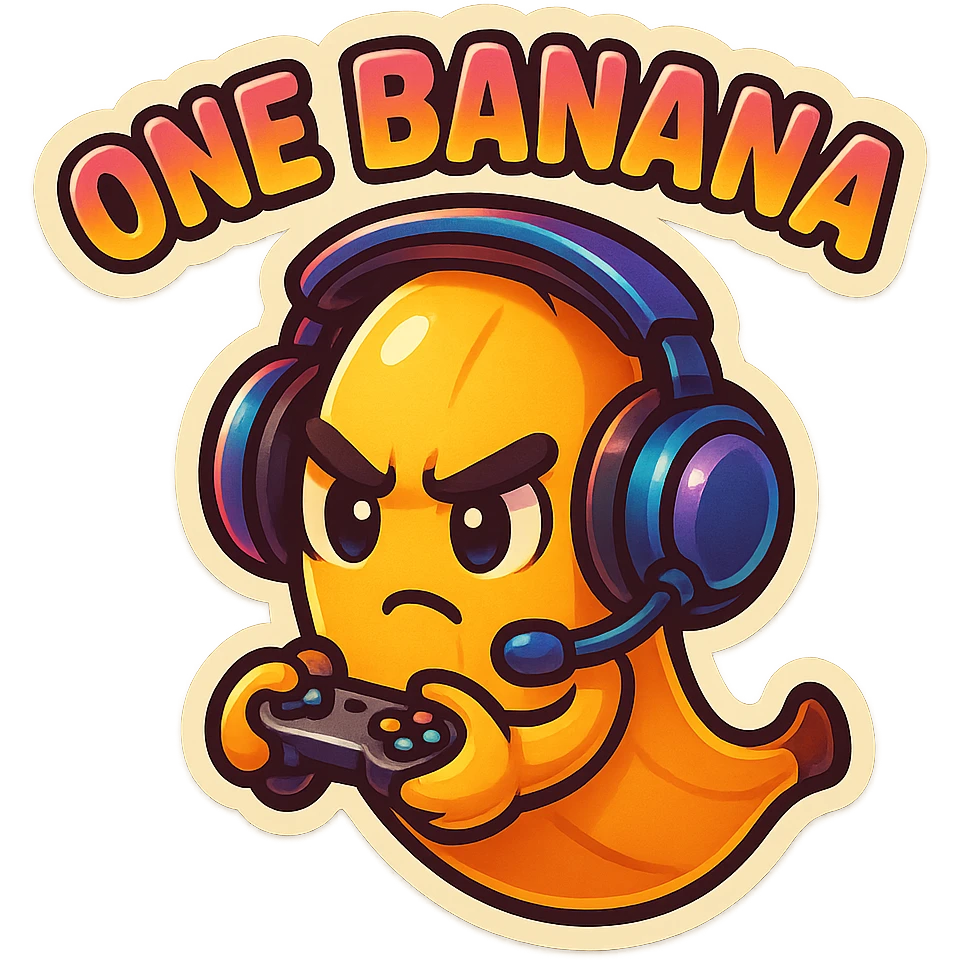 Cartoon banana wearing headset, holding tiny controller, focused expression, text above: "NE BANANA", chibi style, Twitch emoji style, transparent background, colorful emoji