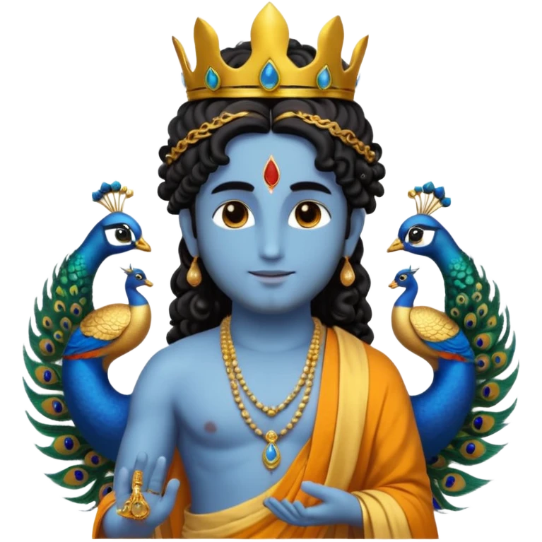 Create a Jesus, Krishna, and Buddha standing together. Krishna: bright blue skin, black curly hair tied in a small topknot, a tiny golden crown decorated with a peacock feather, wearing a yellow dhoti and light golden jewelry

 emoji