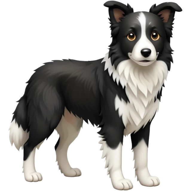 cinematic-[border collie dog]-realistic-full-body-sitting-emoji,-tail-resting-loosely-beside-its-paws,-head-tilted-dramatically,-scruffy-[black and white]-fur,-simplified-yet-realistic-focused-features,-highly-detailed,-glowing-with-an-almost-sarcastic-glow emoji