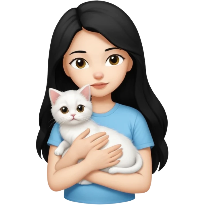 a girl with long dark black hair, in a white t-shirt, hugs a persian kitten 3 months old black and white one cat. emoji | AI Emoji Generator emoji