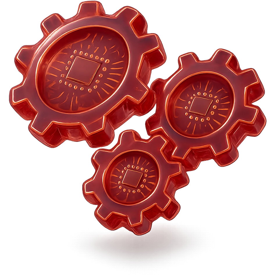 Make the set of three round gears shiny and metallic in glossy circuit style, all in red color, with no background. emoji