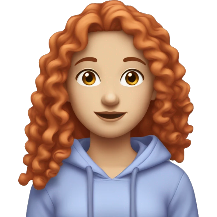 a white girl with long red curly hair, wearing a pastel periwinkle hoodie doing a pose emoji
