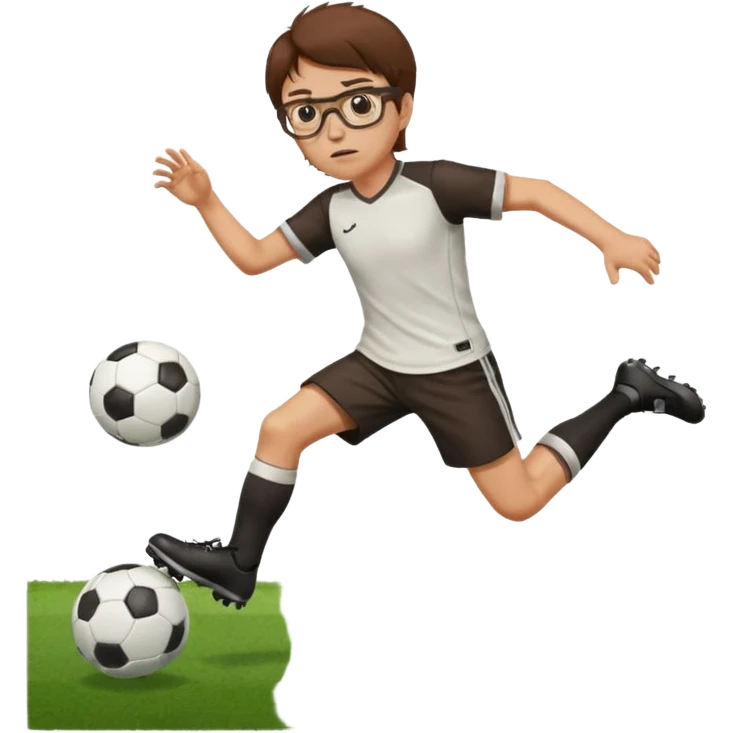 Fat sad guy with brown hair and glasses kicking a ball emoji