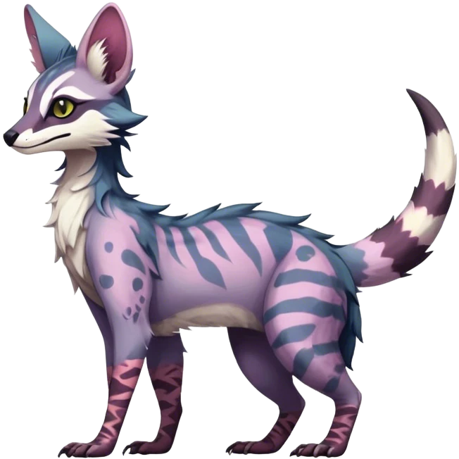 Feral Rare Fantasy dark colorful pastel vibrant Vernid-Sergal-Genet-Trico-species by LiLaiRa, random markings, tufted tail, tufted ears, full body emoji