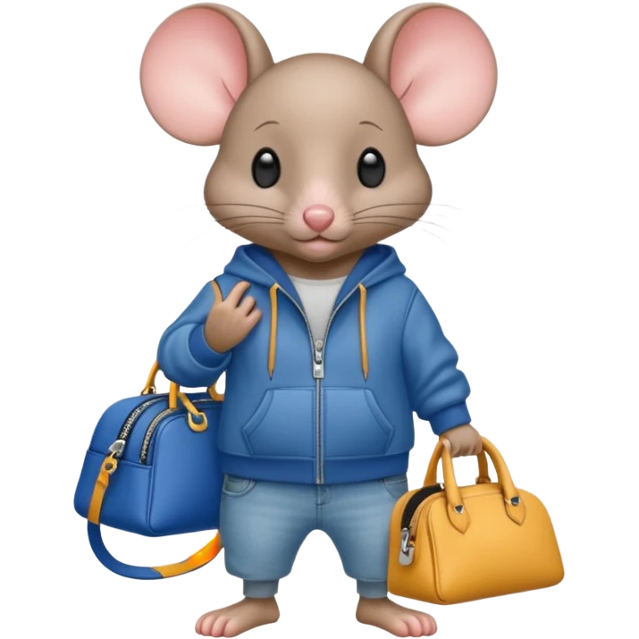 A fashionable mouse in wide jeans and a zip hoodie with a Balenciaga bag emoji