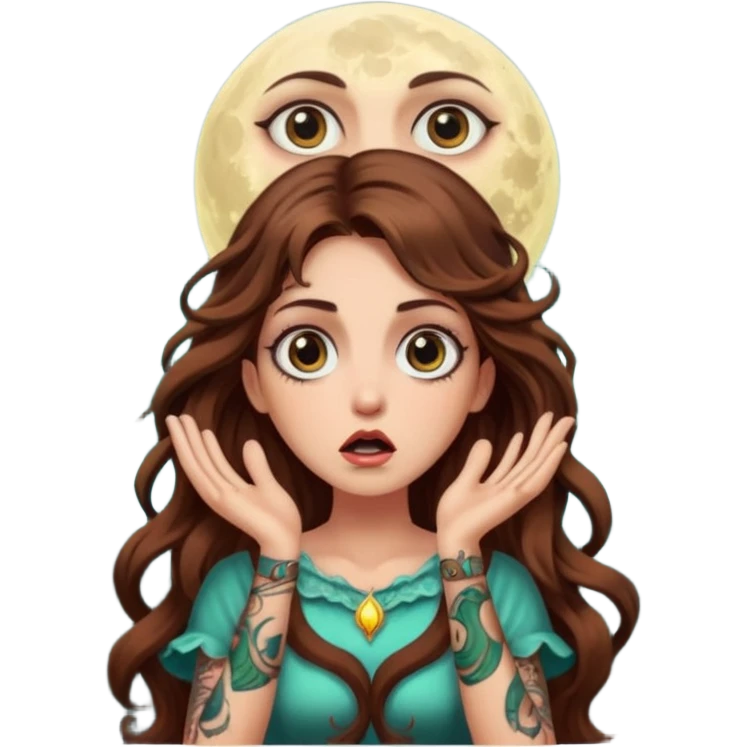 shocked forest mystic woman long wavy brown hair tattoos wide eyes moon glow emoji