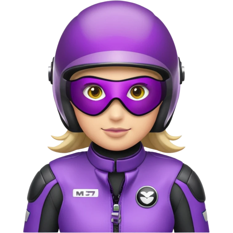 Créer un emoji avec une moto mt07 sport noir mate / violet iridescent très foncé, pare-brise de la moto violet. Avec une femme pilote dessus, visage masqué par la visière violette . Avec en arrière plan cercle violet. emoji
