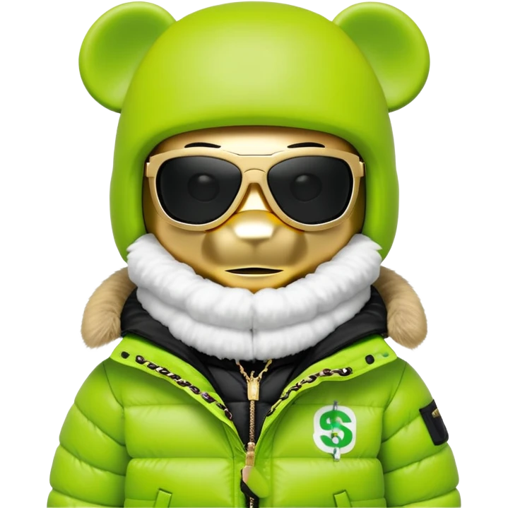authentic cubic bearbrick figure with block head, wearing lime green balaclava with integrated black visor lens at eye area, oversized Supreme logo puffer jacket with large fur collar and fur trim, gold chains emoji