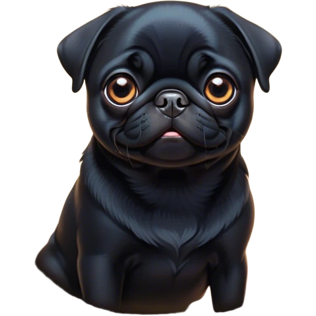 Cinematic Cute Black Pug Portrait Emoji, Head tilted playfully and inquisitively, featuring a glossy black coat with a smooth finish, round, sparkling dark eyes filled with curiosity, Simplified yet irresistibly adorable features, highly detailed, glowing with a warm, friendly glow, high shine, affectionate and lively, stylized with a touch of whimsy, bright and endearing, soft glowing outline, capturing the essence of a mischievous yet loving pup, so playful it feels like it could bounce out of the screen and into your arms! emoji