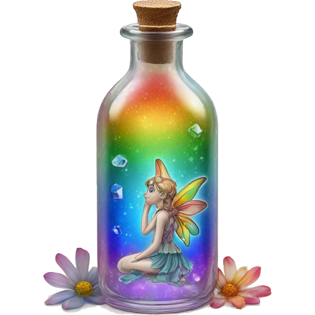 Antique oil bottle made of crystal glass of all delicate colors of the rainbow, a living flower fairy sits at the bottom of the bottle emoji