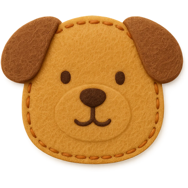 <StylePrompt>
  <Name>Minimal Felt Appliqué Icon</Name>
  <Description>
    A soft, handcrafted felt icon style with lightly padded forms, simple shapes, and clean outlines. Features slightly more visible stitching for tactile charm while maintaining a low-detail aesthetic.
  </Description>
  <VisualProperties>
    <Material>Felt</Material>
    <Texture>Soft, matte surface with subtle fiber detail</Texture>
    <Stitching>
      <Type>Threaded edge stitch</Type>
      <Color>Muted orange or warm brown</Color>
      <Pattern>Evenly spaced running stitch around edges</Pattern>
      <Thickness>Medium (approximately 10% more pronounced than minimal)</Thickness>
      <Contrast>Moderate (stitch color clearly distinct from base felt)</Contrast>
    </Stitching>
    <Padding>Low to moderate—slightly raised but not deeply dimensional</Padding>
    <Edges>Smooth and rounded with clean curves</Edges>
    <ColorPalette>
      <Primary>Warm yellows, oranges, and browns</Primary>
      <Accent>Dark brown for facial features</Accent>
      <Background>Neutral off-white or soft beige</Background>
    </ColorPalette>
  </VisualProperties>
  <FacialFeatures>
    <Eyes>Small round dots</Eyes>
    <Nose>Simple oval or triangle</Nose>
    <Mouth>Minimal curved line or none</Mouth>
    <DetailLevel>Low</DetailLevel>
  </FacialFeatures>
  <Rendering>
    <Lighting>Soft and diffused</Lighting>
    <Shadows>Subtle, barely visible</Shadows>
    <Perspective>Front or side profile, flat angle</Perspective>
  </Rendering>
  <Applicability>
    <SubjectType>Animals, symbols, objects</SubjectType>
    <OutputFormat>Icon, patch, or sticker</OutputFormat>
  </Applicability>
</StylePrompt>

{subject} = dog emoji