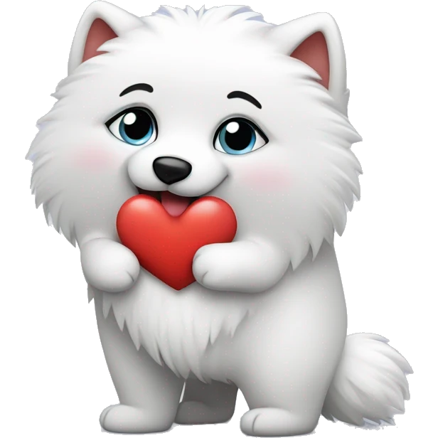 American Eskimo holding a big cute heart emoji