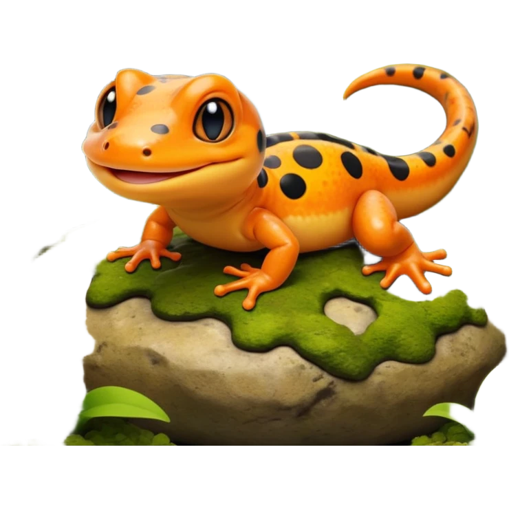 A 3D cartoon salamander on a mossy rock, orange and black spots, smooth shiny skin, small smiling face, soft realistic lighting, Memoji-style look. emoji