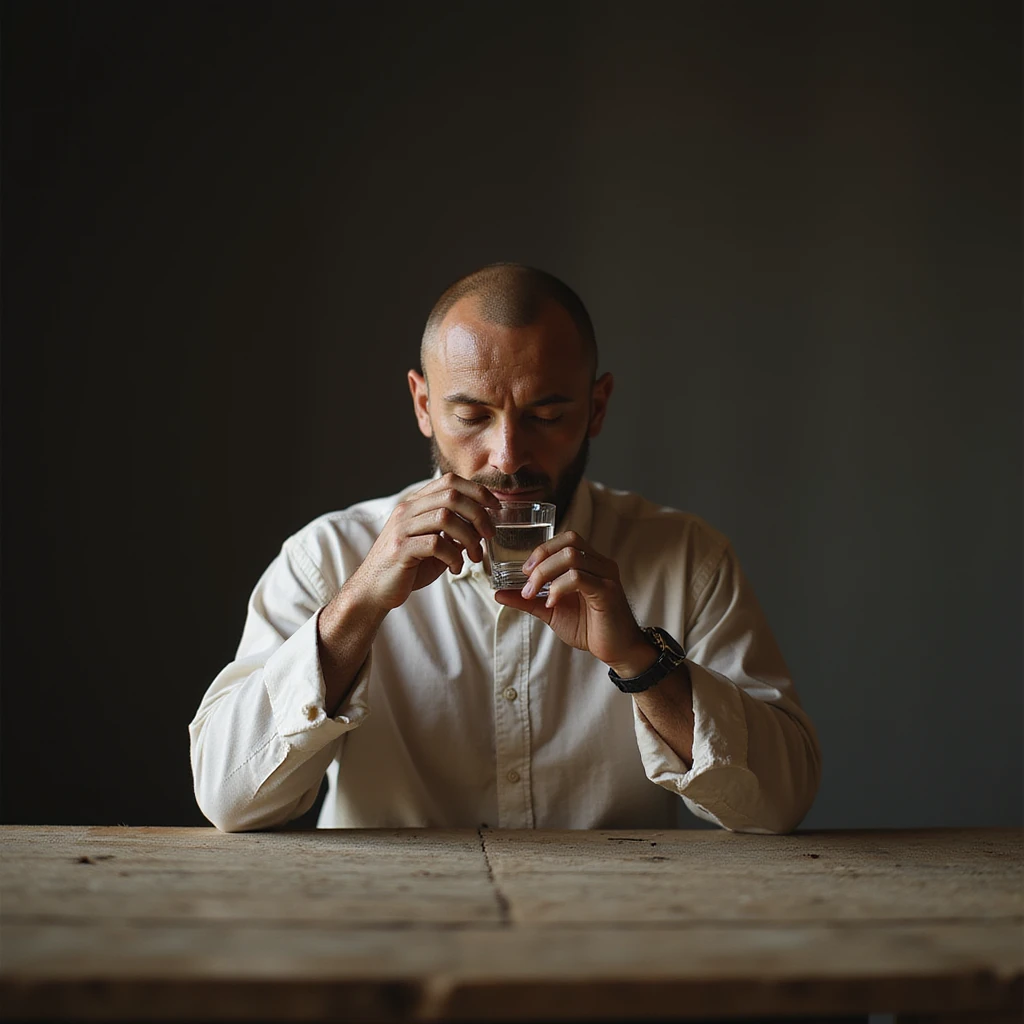 Hyperrealistic 4K image of a man sipping water during 23-hour fast, empty table, Zen atmosphere, serene expression, detailed facial features reference. emoji