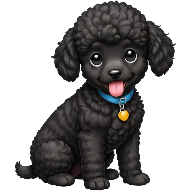A high-resolution square-format digital illustration of a black poodle puppy in a clean, emoji-inspired semi-realistic style. The poodle is shown from the chest up, facing forward with a slight tilt of the head to the left, tongue out playfully. emoji